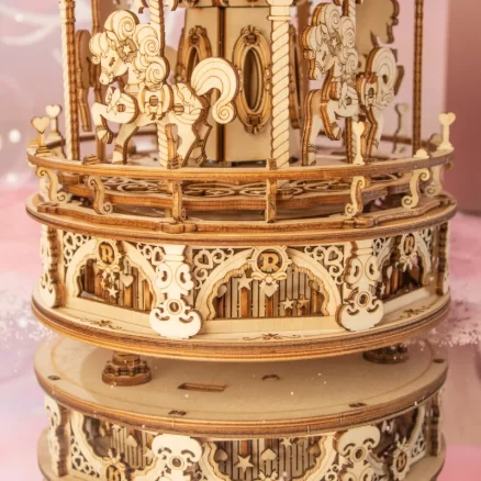 Wooden Romantic Carousel Mechanical Music Box 3D Wooden Puzzle AMK62 6