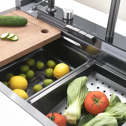 NIAGARA | Workstation Kitchen Sink Kit With Digital Temperature Display & Lighting Waterfall Faucet 10
