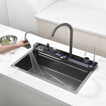 NIAGARA | Workstation Kitchen Sink Kit With Digital Temperature Display & Lighting Waterfall Faucet 15