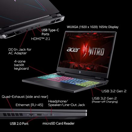 Acer Nitro 16 Gaming Laptop | AMD Ryzen 7 7840HS OctaCore CPU | NVIDIA GeForce RTX 4060 Laptop GPU | 16" WUXGA 165Hz IPS Display | 16GB DDR5 | 1TB Gen 4 SSD | WiFi 6E | RGB Backlit KB | AN16-41-R4CY 8