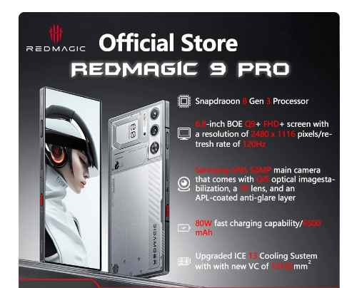 RedMagic 9 Pro Global Version 5G Phone 6.8" Q9+ Full Flat FHD+Gaming Phone Snapdragon 8 Gen 3 6500mAh 80W Charge 50MP NFC 1