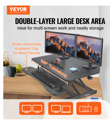 VEVOR Double-Layer Standing Desk Converter 36" x 23.6" Height Adjustable Standing Desk Sit to Stand Converter Stand Up Home Desk 6 VEVOR Double-Layer Standing Desk Converter 36" x 23.6" Height Adjustable Standing Desk Sit to Stand Converter Stand Up Home Desk - Image 6