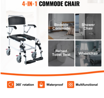 Shower Commode Wheelchair With 4 Lockable Wheels Footrests Flip-up Arms 3-Level Adjustable Height 5L Removable Bucket 2 Shower Commode Wheelchair With 4 Lockable Wheels Footrests Flip-up Arms 3-Level Adjustable Height 5L Removable Bucket - Image 2